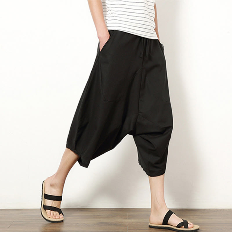 Buddha Stones Spring Plain Simple Patchwork Design Drawstring  Men's 7-8 Length Wide Leg Pants With Pockets - image 19
