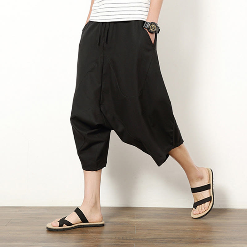 Buddha Stones Spring Plain Simple Patchwork Design Drawstring  Men's 7-8 Length Wide Leg Pants With Pockets - image 18