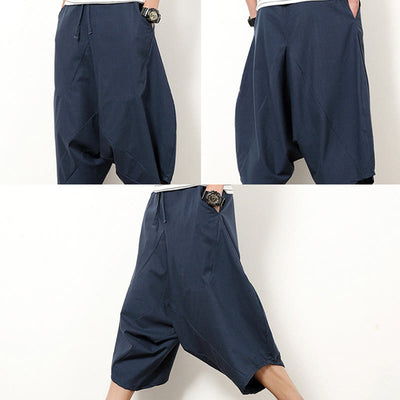 Buddha Stones Spring Plain Simple Patchwork Design Drawstring  Men's 7-8 Length Wide Leg Pants With Pockets - image 5