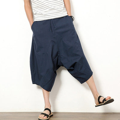 Buddha Stones Spring Plain Simple Patchwork Design Drawstring  Men's 7-8 Length Wide Leg Pants With Pockets - image 4