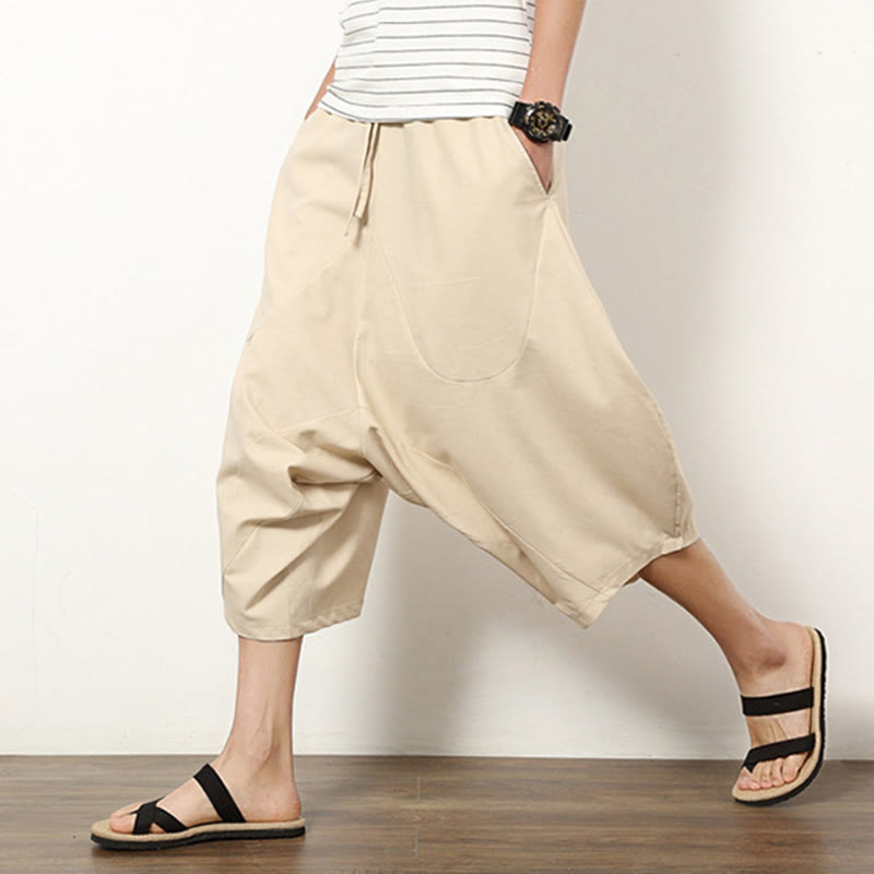 Buddha Stones Spring Plain Simple Patchwork Design Drawstring  Men's 7-8 Length Wide Leg Pants With Pockets - image 9