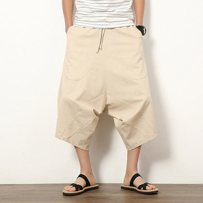 Buddha Stones Spring Plain Simple Patchwork Design Drawstring  Men's 7-8 Length Wide Leg Pants With Pockets - image 7