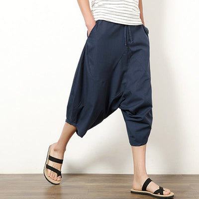 Buddha Stones Spring Plain Simple Patchwork Design Drawstring  Men's 7-8 Length Wide Leg Pants With Pockets - image 3