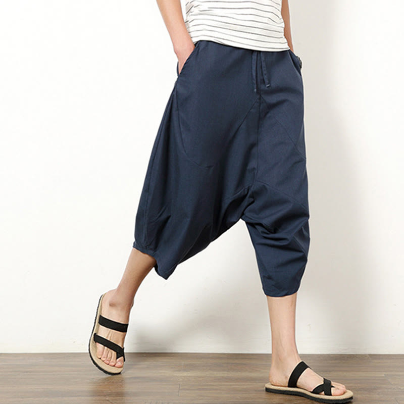 Buddha Stones Spring Plain Simple Patchwork Design Drawstring  Men's 7-8 Length Wide Leg Pants With Pockets - image 3