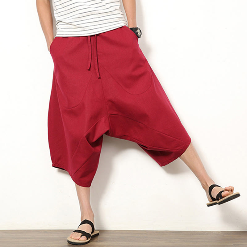 Buddha Stones Spring Plain Simple Patchwork Design Drawstring  Men's 7-8 Length Wide Leg Pants With Pockets - image 12