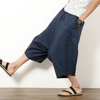 Buddha Stones Spring Plain Simple Patchwork Design Drawstring  Men's 7-8 Length Wide Leg Pants With Pockets - image 2