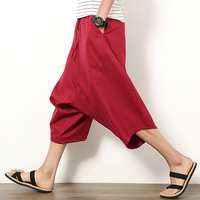 Buddha Stones Spring Plain Simple Patchwork Design Drawstring  Men's 7-8 Length Wide Leg Pants With Pockets - image 14