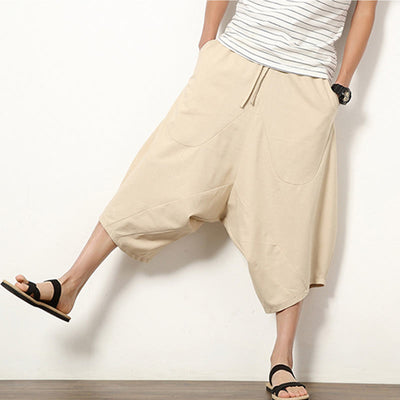 Buddha Stones Spring Plain Simple Patchwork Design Drawstring  Men's 7-8 Length Wide Leg Pants With Pockets - image 8