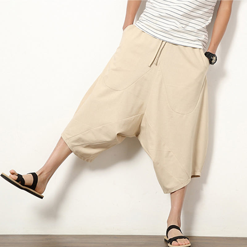 Buddha Stones Spring Plain Simple Patchwork Design Drawstring  Men's 7-8 Length Wide Leg Pants With Pockets - image 8