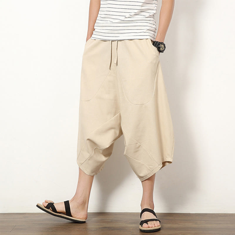 Buddha Stones Spring Plain Simple Patchwork Design Drawstring  Men's 7-8 Length Wide Leg Pants With Pockets - Beige - US/UK/AU46，EU56 (5XL) - image 6