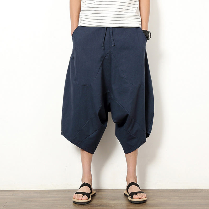 Buddha Stones Spring Plain Simple Patchwork Design Drawstring  Men's 7-8 Length Wide Leg Pants With Pockets - DarkSlateBlue - US/UK/AU46，EU56 (5XL) - image 0