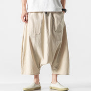 Foviel Casual Low Crotch Design Drawstring Men's 7-8 Length Wide Leg Pants With Pockets