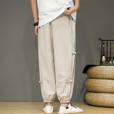 Foviel Summer Vintage Drawstring Chinese Frog-Button Design Men's Cotton Linen Harem Pants With Pockets