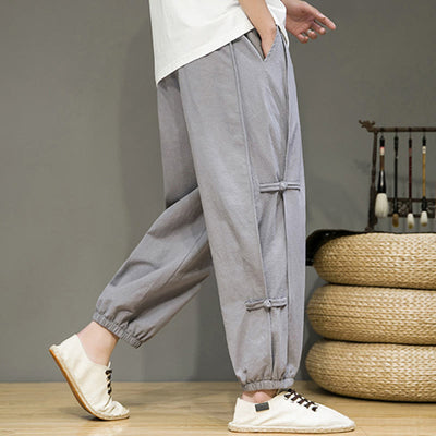 Foviel Summer Vintage Drawstring Chinese Frog-Button Design Men's Cotton Linen Harem Pants With Pockets