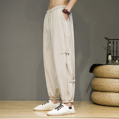 Foviel Summer Vintage Drawstring Chinese Frog-Button Design Men's Cotton Linen Harem Pants With Pockets