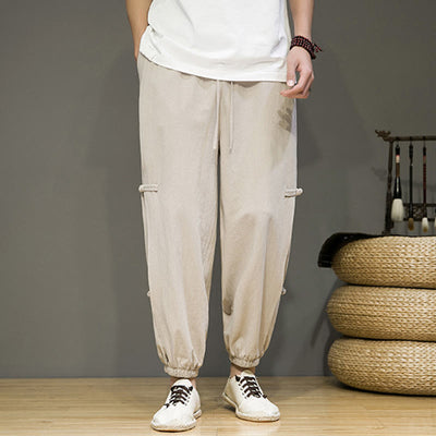 Foviel Summer Vintage Drawstring Chinese Frog-Button Design Men's Cotton Linen Harem Pants With Pockets