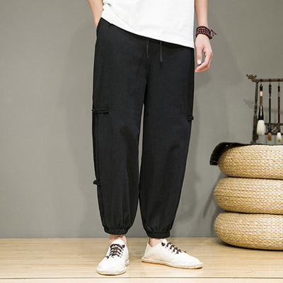 Foviel Summer Vintage Drawstring Chinese Frog-Button Design Men's Cotton Linen Harem Pants With Pockets