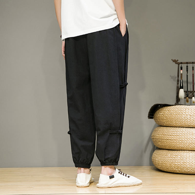 Foviel Summer Vintage Drawstring Chinese Frog-Button Design Men's Cotton Linen Harem Pants With Pockets