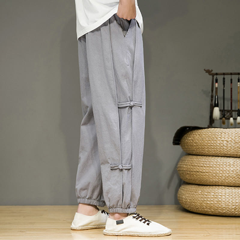 Foviel Summer Vintage Drawstring Chinese Frog-Button Design Men's Cotton Linen Harem Pants With Pockets