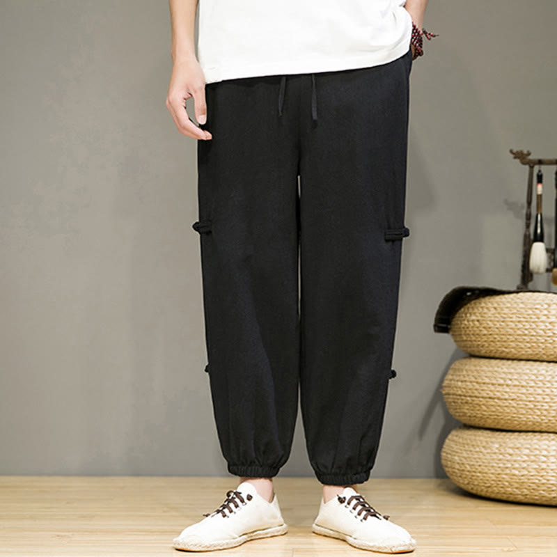 Foviel Summer Vintage Drawstring Chinese Frog-Button Design Men's Cotton Linen Harem Pants With Pockets