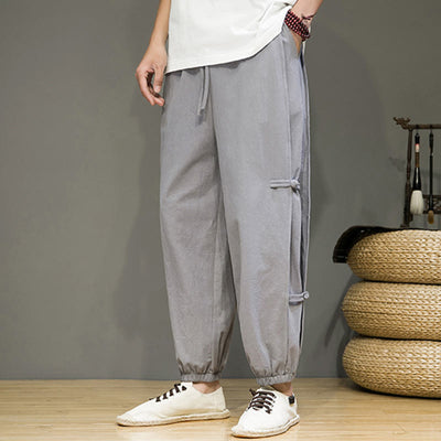 Foviel Summer Vintage Drawstring Chinese Frog-Button Design Men's Cotton Linen Harem Pants With Pockets