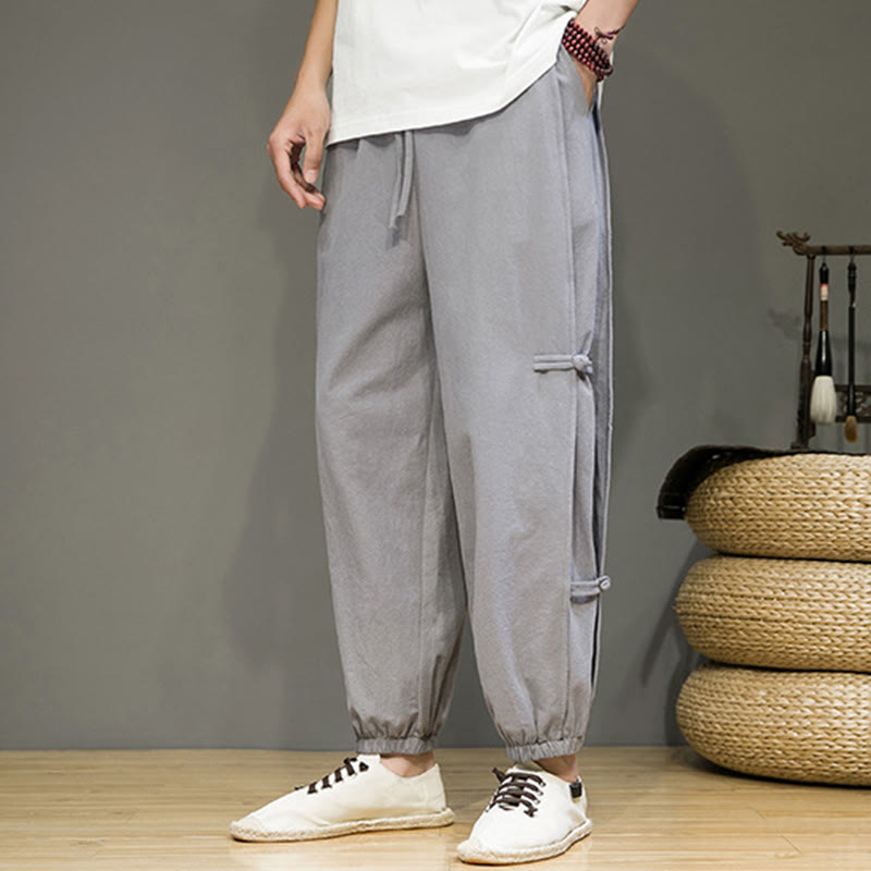 Foviel Summer Vintage Drawstring Chinese Frog-Button Design Men's Cotton Linen Harem Pants With Pockets