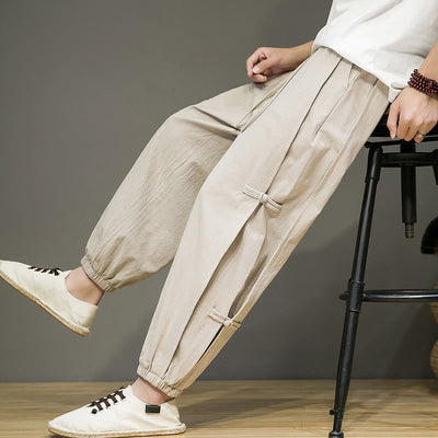 Foviel Summer Vintage Drawstring Chinese Frog-Button Design Men's Cotton Linen Harem Pants With Pockets