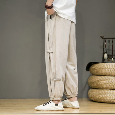 Foviel Summer Vintage Drawstring Chinese Frog-Button Design Men's Cotton Linen Harem Pants With Pockets