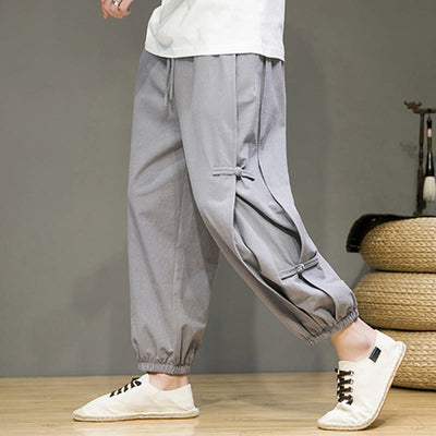 Foviel Summer Vintage Drawstring Chinese Frog-Button Design Men's Cotton Linen Harem Pants With Pockets