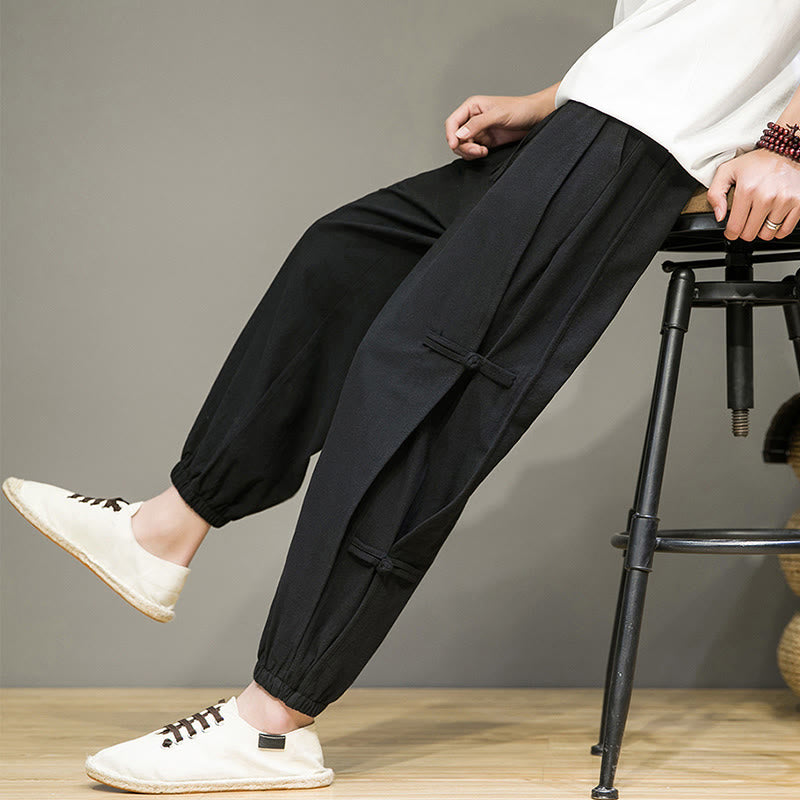 Foviel Summer Vintage Drawstring Chinese Frog-Button Design Men's Cotton Linen Harem Pants With Pockets