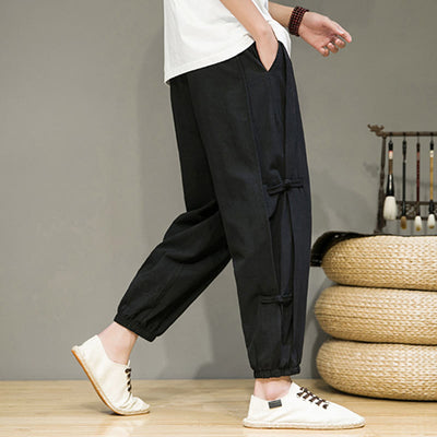 Foviel Summer Vintage Drawstring Chinese Frog-Button Design Men's Cotton Linen Harem Pants With Pockets