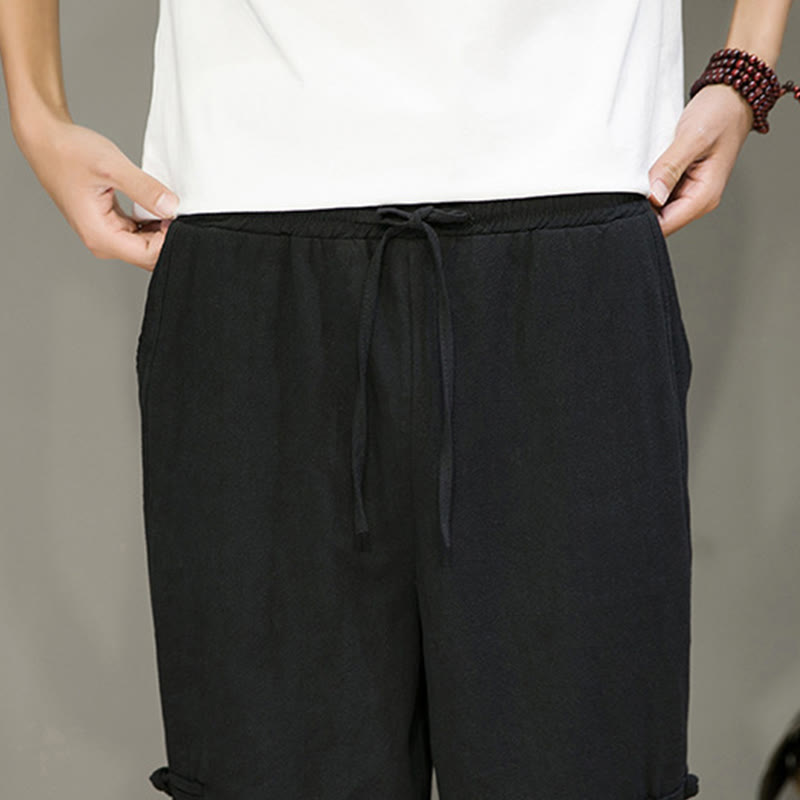 Foviel Summer Vintage Drawstring Chinese Frog-Button Design Men's Cotton Linen Harem Pants With Pockets