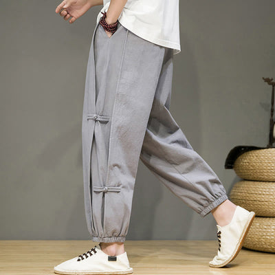 Foviel Summer Vintage Drawstring Chinese Frog-Button Design Men's Cotton Linen Harem Pants With Pockets