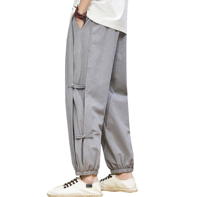 Foviel Summer Vintage Drawstring Chinese Frog-Button Design Men's Cotton Linen Harem Pants With Pockets