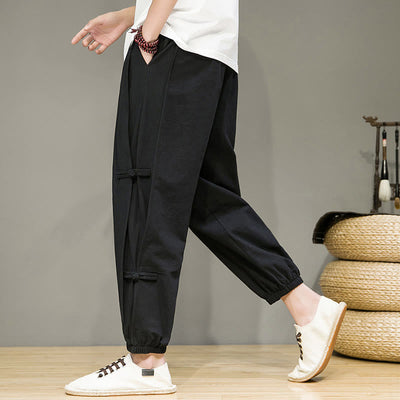 Foviel Summer Vintage Drawstring Chinese Frog-Button Design Men's Cotton Linen Harem Pants With Pockets
