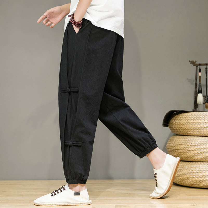Foviel Summer Vintage Drawstring Chinese Frog-Button Design Men's Cotton Linen Harem Pants With Pockets