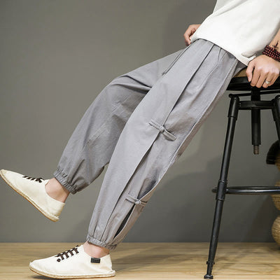 Foviel Summer Vintage Drawstring Chinese Frog-Button Design Men's Cotton Linen Harem Pants With Pockets