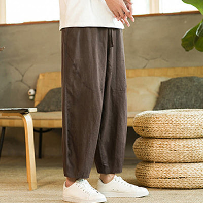 Pantalon harem décontracté Foviel pour homme, style rétro, couleur unie, design simple, taille élastique à cordon, avec poches, en lin