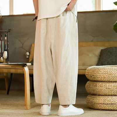 Pantalon harem décontracté Foviel pour homme, style rétro, couleur unie, design simple, taille élastique à cordon, avec poches, en lin