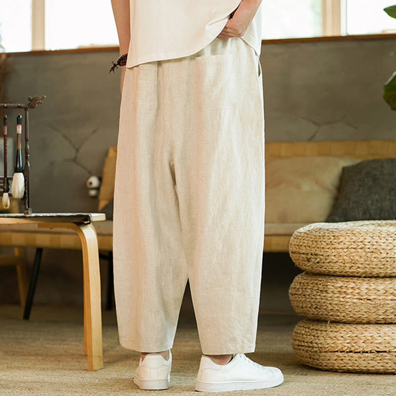 Pantalon harem décontracté Foviel pour homme, style rétro, couleur unie, design simple, taille élastique à cordon, avec poches, en lin