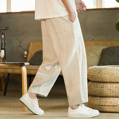 Pantalon harem décontracté Foviel pour homme, style rétro, couleur unie, design simple, taille élastique à cordon, avec poches, en lin