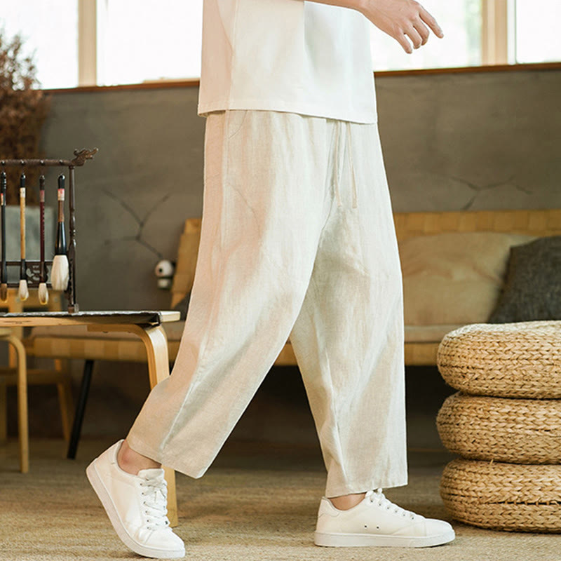 Pantalon harem décontracté Foviel pour homme, style rétro, couleur unie, design simple, taille élastique à cordon, avec poches, en lin