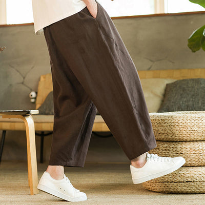 Pantalon harem décontracté Foviel pour homme, style rétro, couleur unie, design simple, taille élastique à cordon, avec poches, en lin