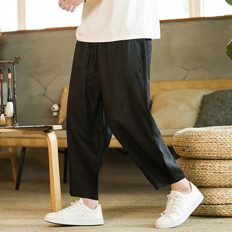 Pantalon harem décontracté Foviel pour homme, style rétro, couleur unie, design simple, taille élastique à cordon, avec poches, en lin