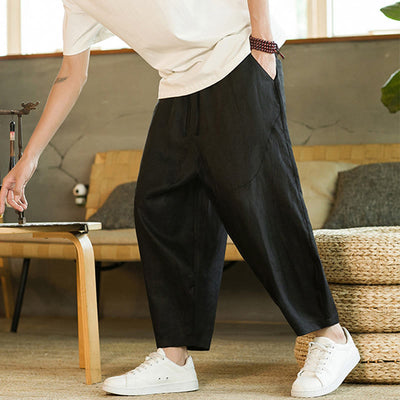 Pantalon harem décontracté Foviel pour homme, style rétro, couleur unie, design simple, taille élastique à cordon, avec poches, en lin