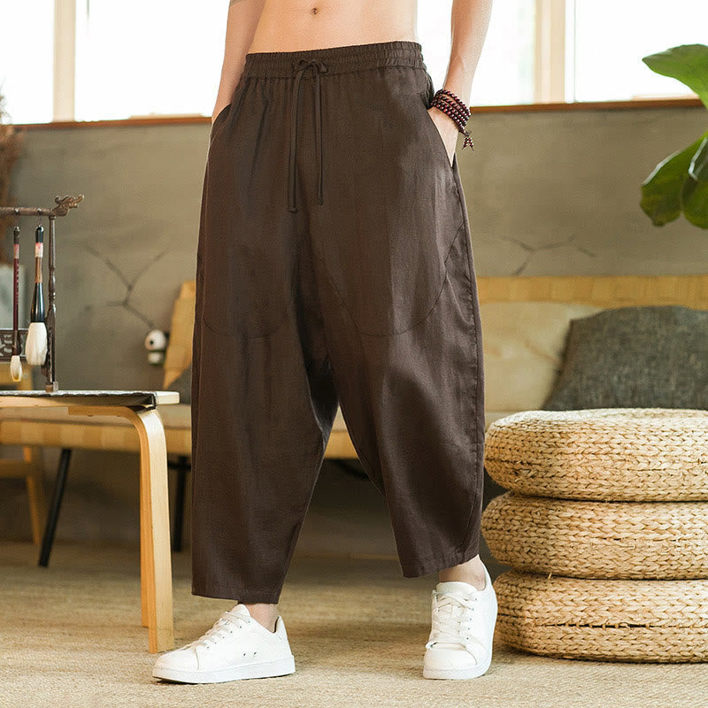 Pantalon harem décontracté Foviel pour homme, style rétro, couleur unie, design simple, taille élastique à cordon, avec poches, en lin