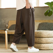Foviel Casual Retro Solid Color Simple Design Drawstring Men's Linen Elastic Waistband Harem Pants With Pockets