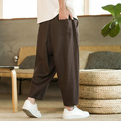 Pantalon harem décontracté Foviel pour homme, style rétro, couleur unie, design simple, taille élastique à cordon, avec poches, en lin
