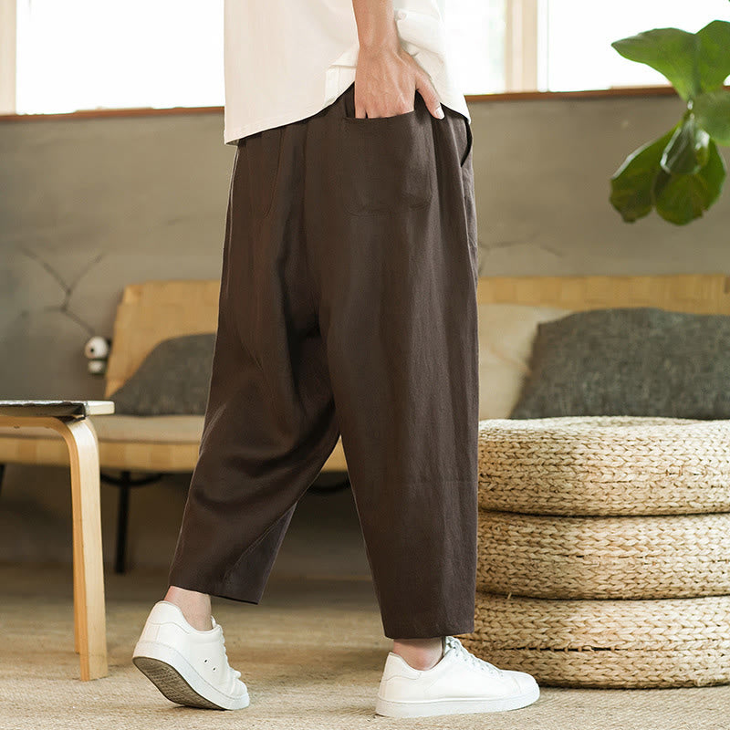 Pantalon harem décontracté Foviel pour homme, style rétro, couleur unie, design simple, taille élastique à cordon, avec poches, en lin