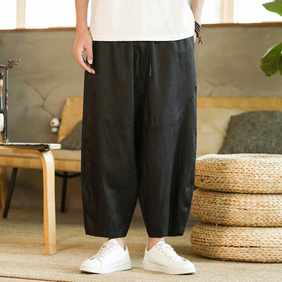 Pantalon harem décontracté Foviel pour homme, style rétro, couleur unie, design simple, taille élastique à cordon, avec poches, en lin
